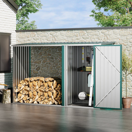 250CM Wide Metal Garden Storage Shed with Open Log Rack