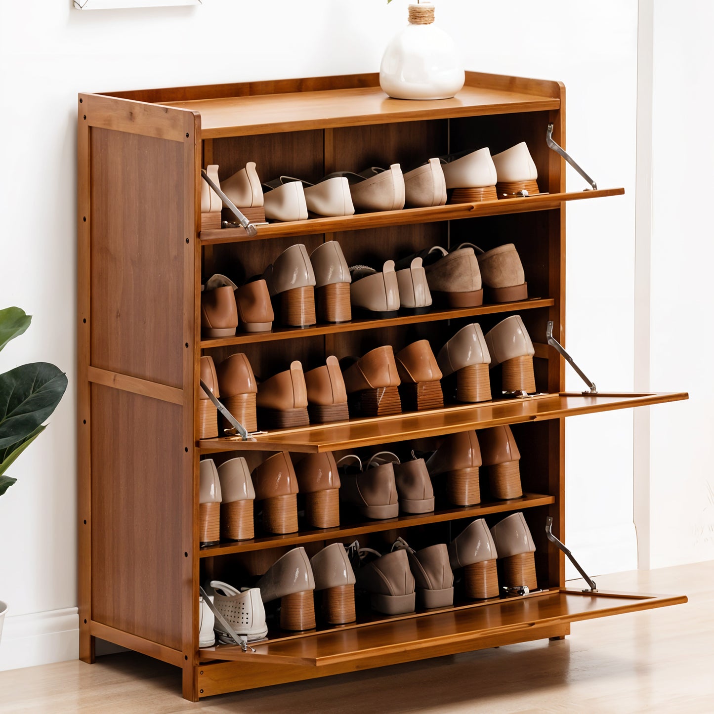3-Tier Bamboo Shoe Storage Cabinet with Flip-Down Drawers