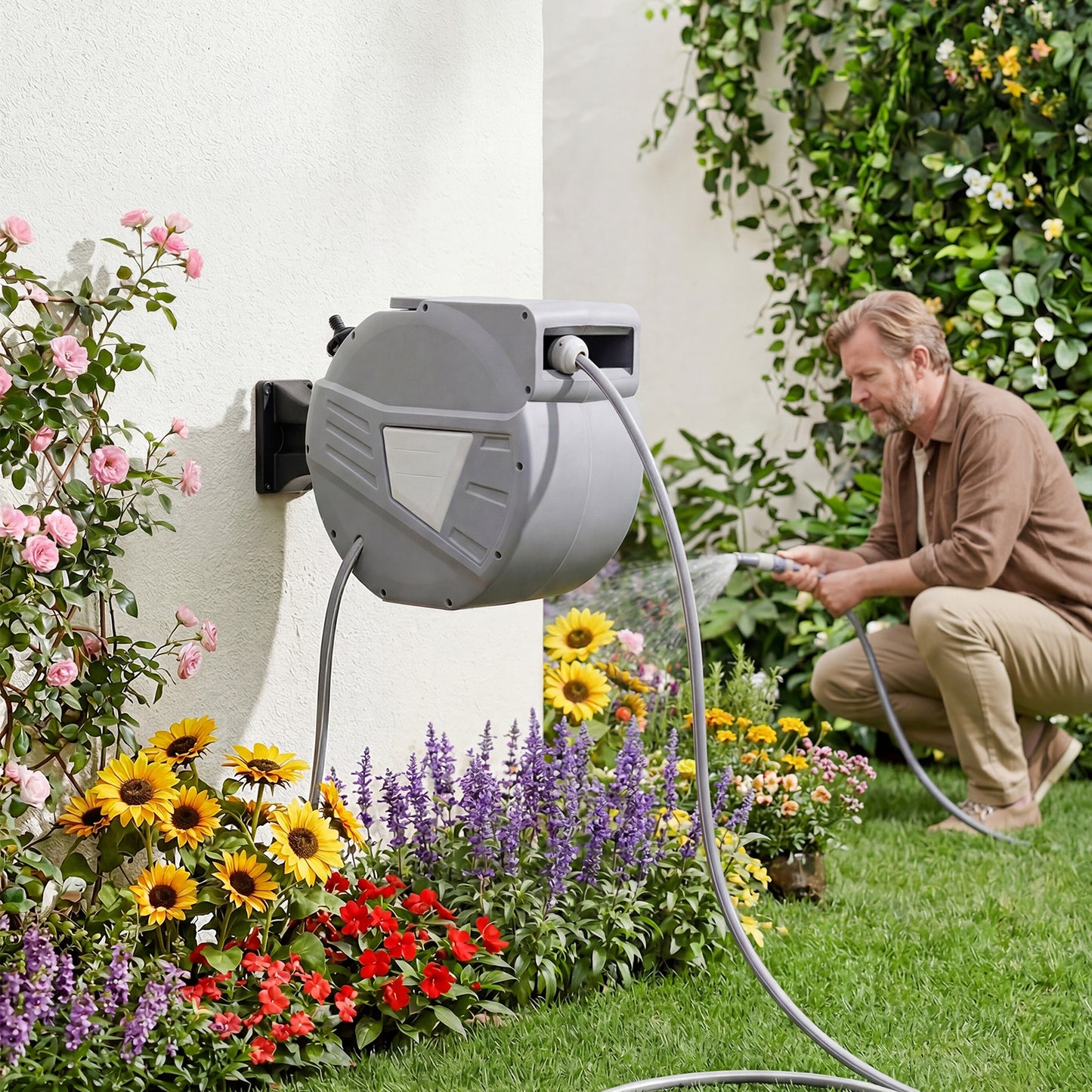 Wall Mounted Retractable Garden Hose Reel with Spray Nozzle