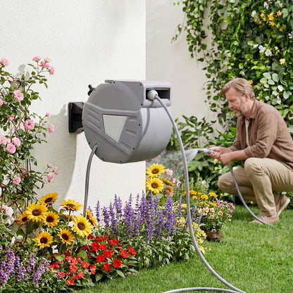 Wall Mounted Retractable Garden Hose Reel with Spray Nozzle