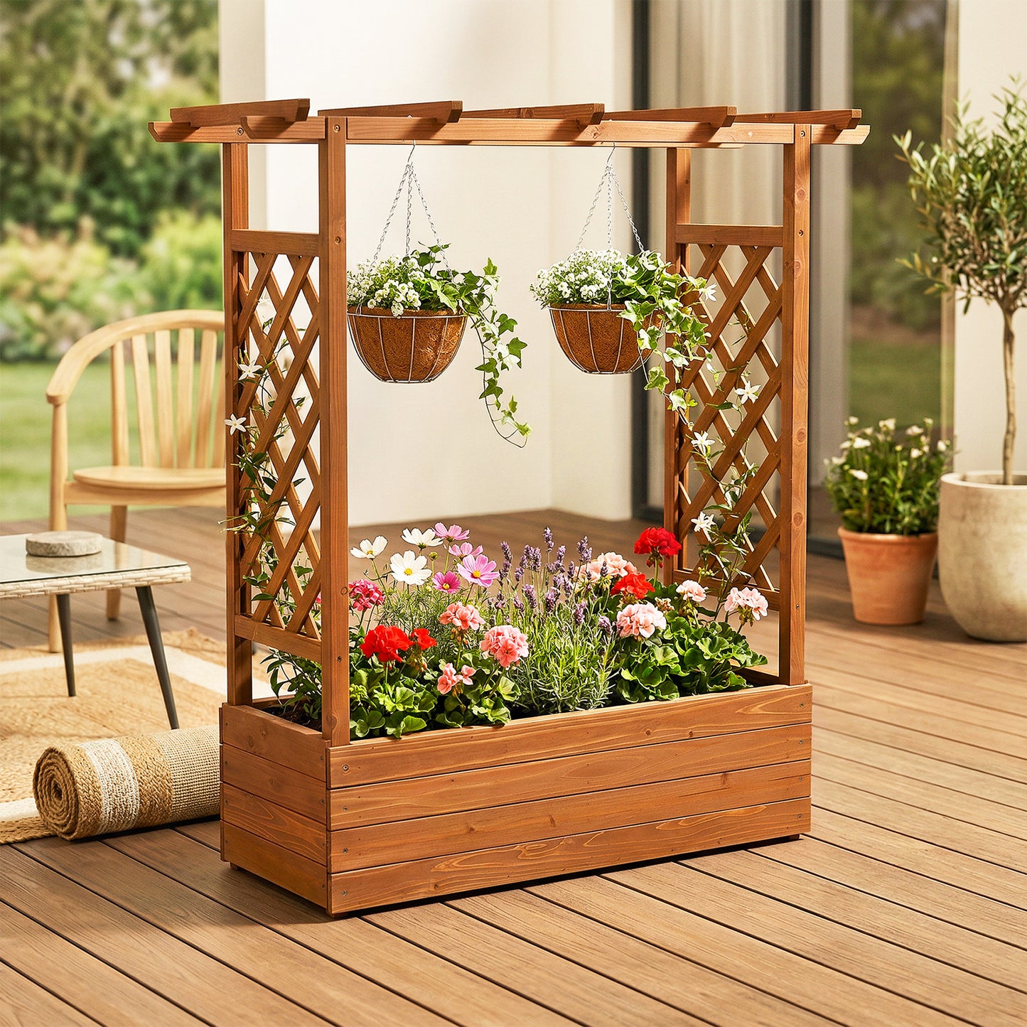 Raised Garden Bed with Side Trellis and Hanging Roof