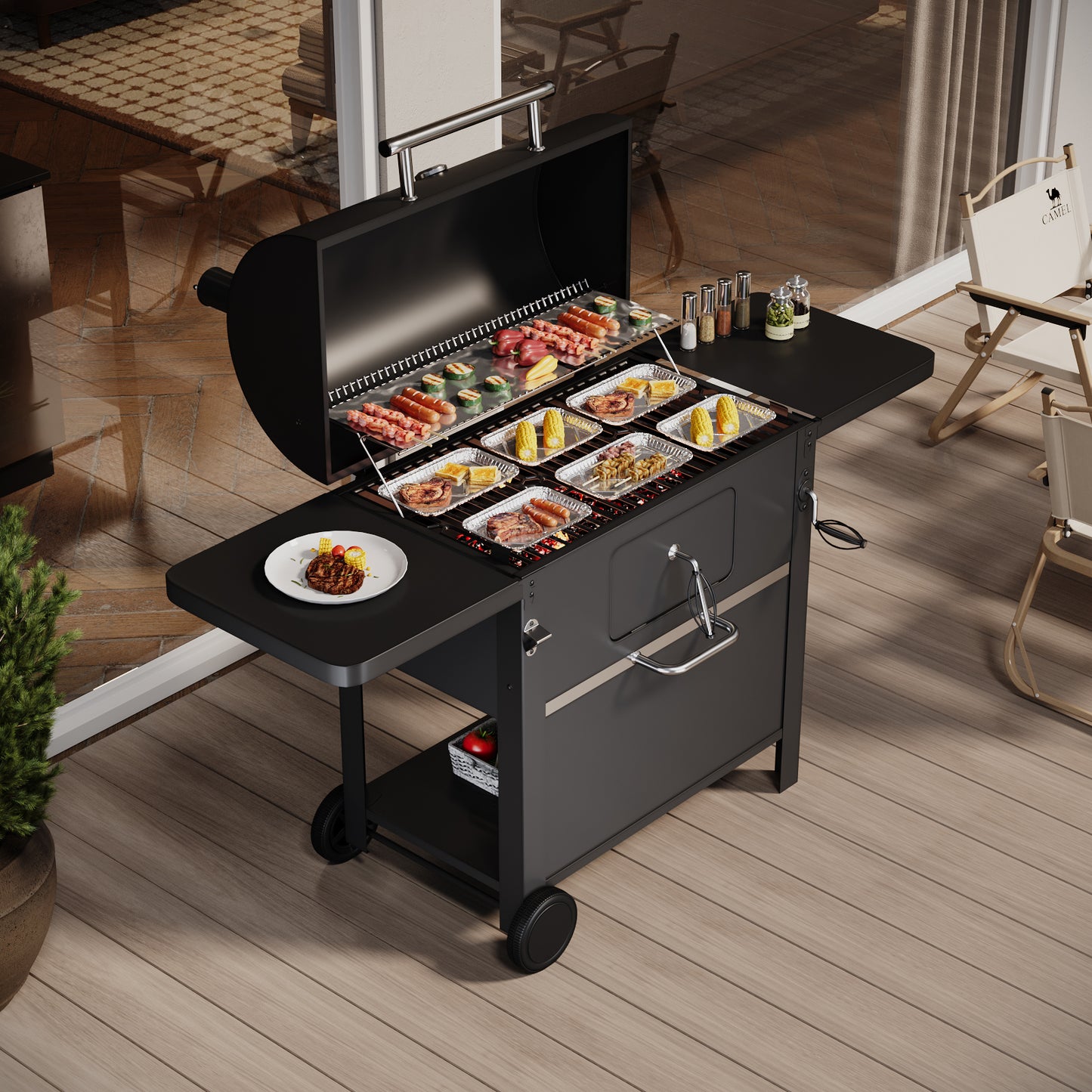 Outdoor Carbon Steel Grill with Smoke Stack