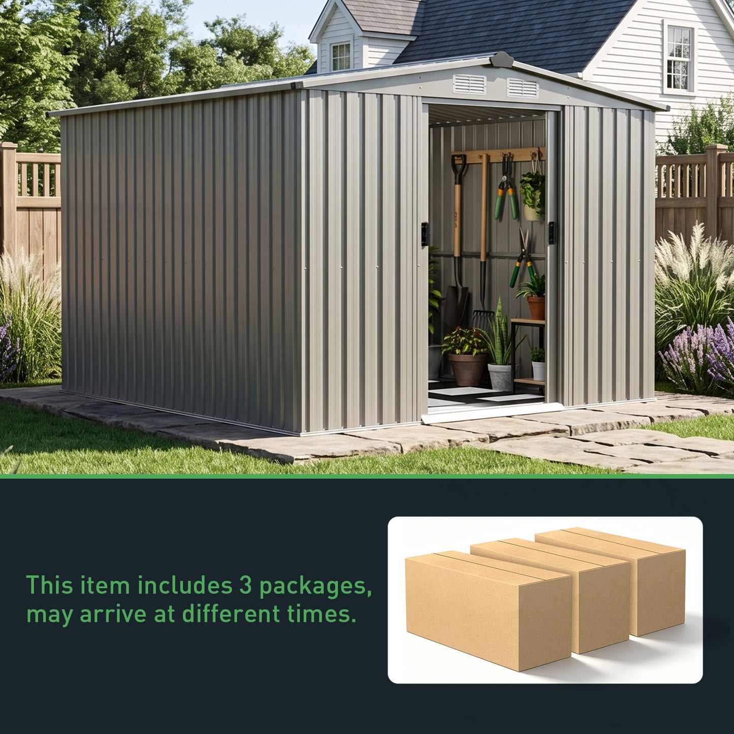 8x8FT Apex Roof Metal Garden Storage Shed with Sliding Door