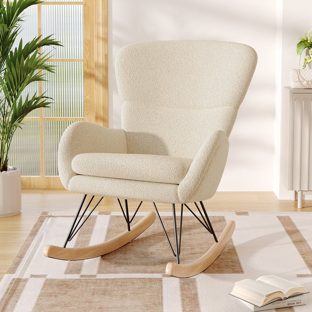 Contemporary Faux Wool Rocking Beige Chair with Removable Cushion