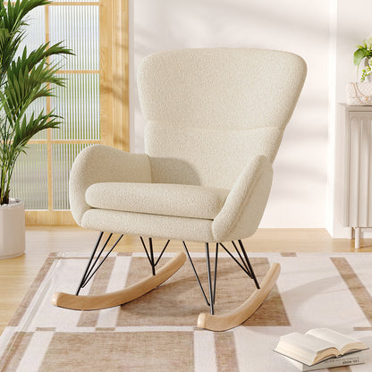 Contemporary Faux Wool Rocking Beige Chair with Removable Cushion