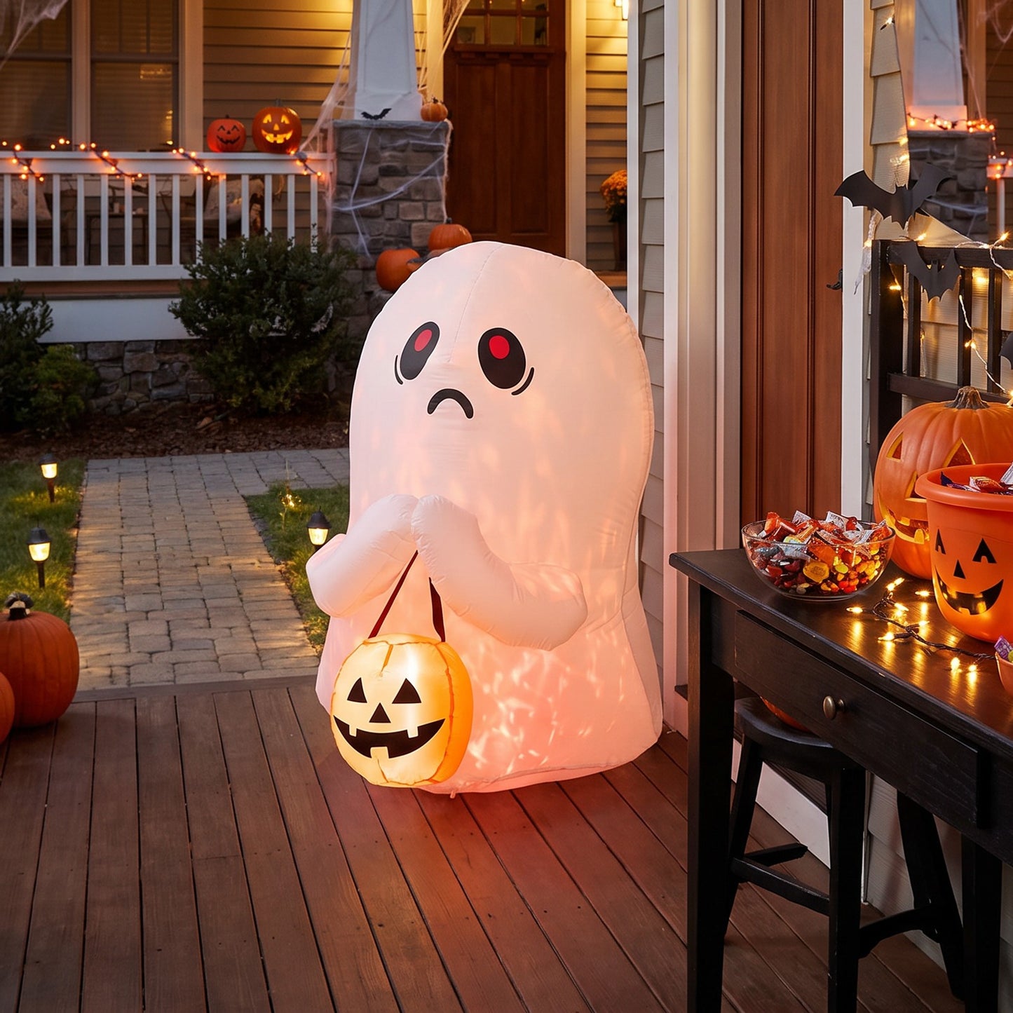 3 FT Halloween Inflatable Ghost Holding Pumpkin Bucket with LED Lights