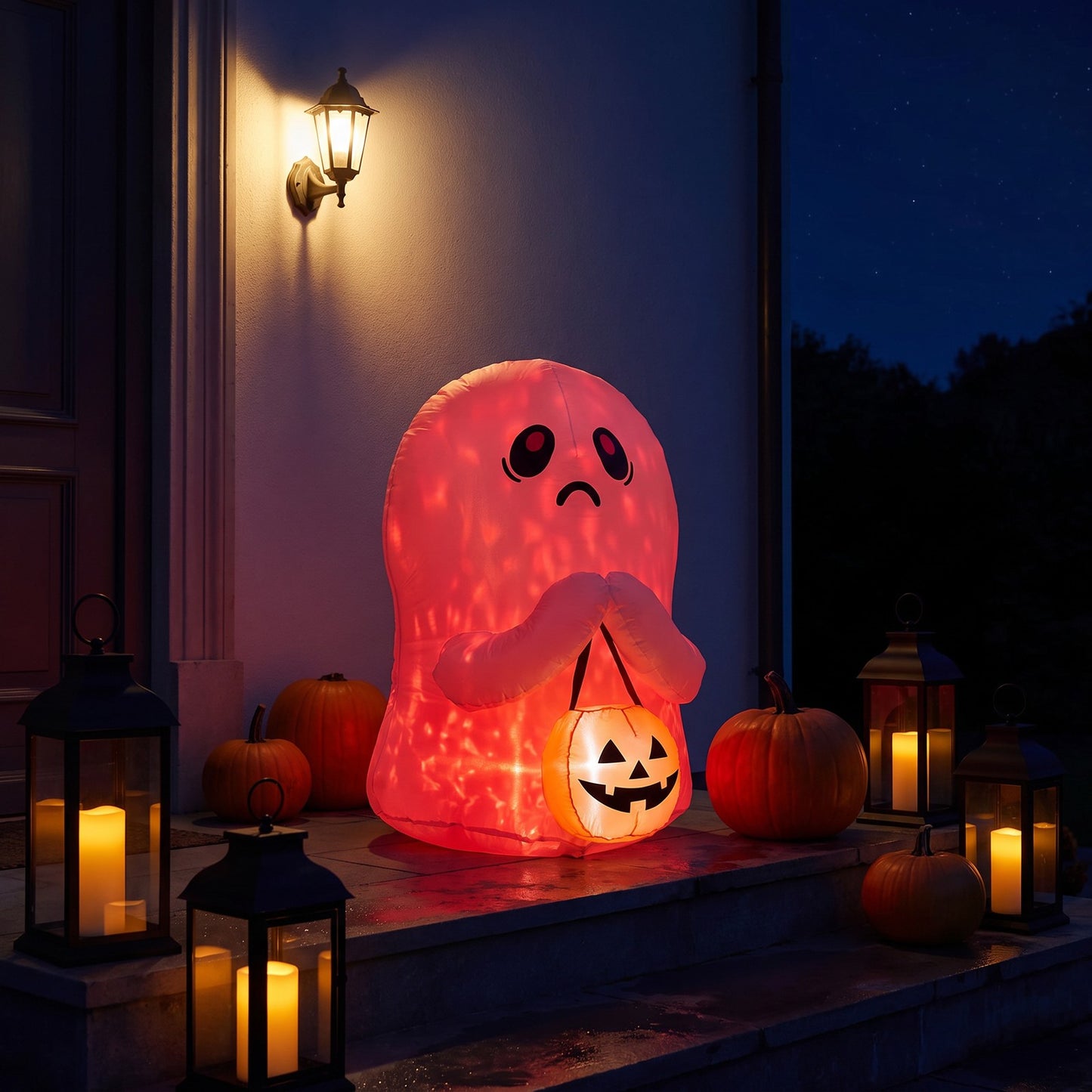 3 FT Halloween Inflatable Ghost Holding Pumpkin Bucket with LED Lights