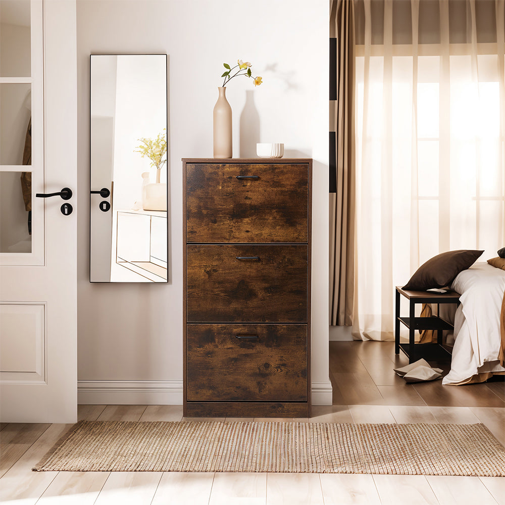 3-Tier Wooden Shoe Storage Cabinet with Flip-Down Drawers