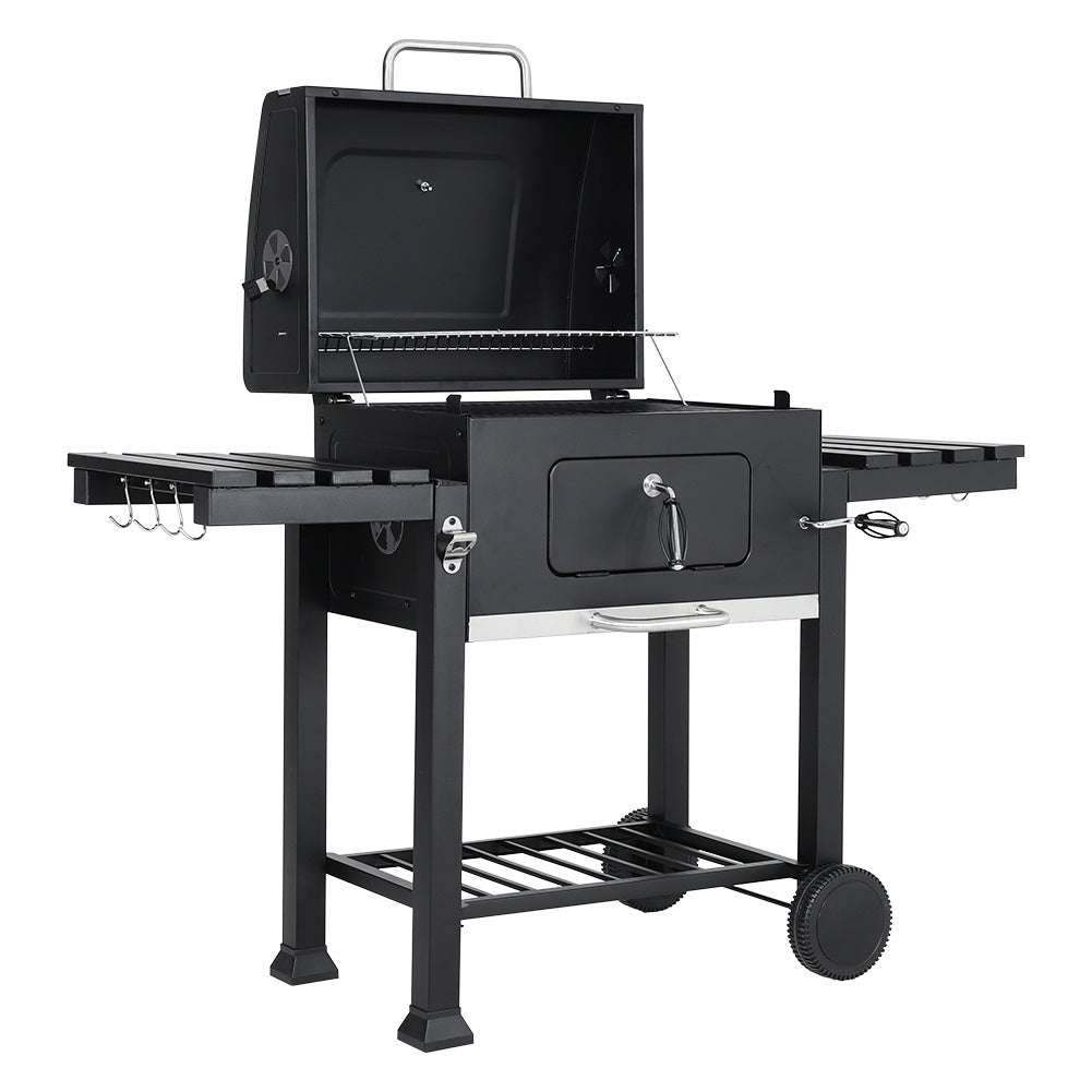 138CM Wide Charcoal BBQ Grill with Side Shelves