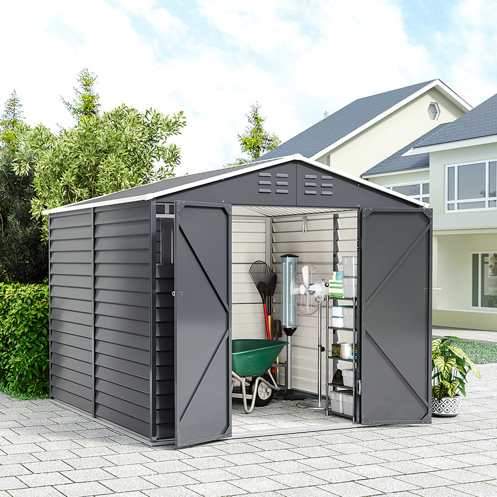 Charcoal Steel Tool Shed with Front Windows and Ventilation