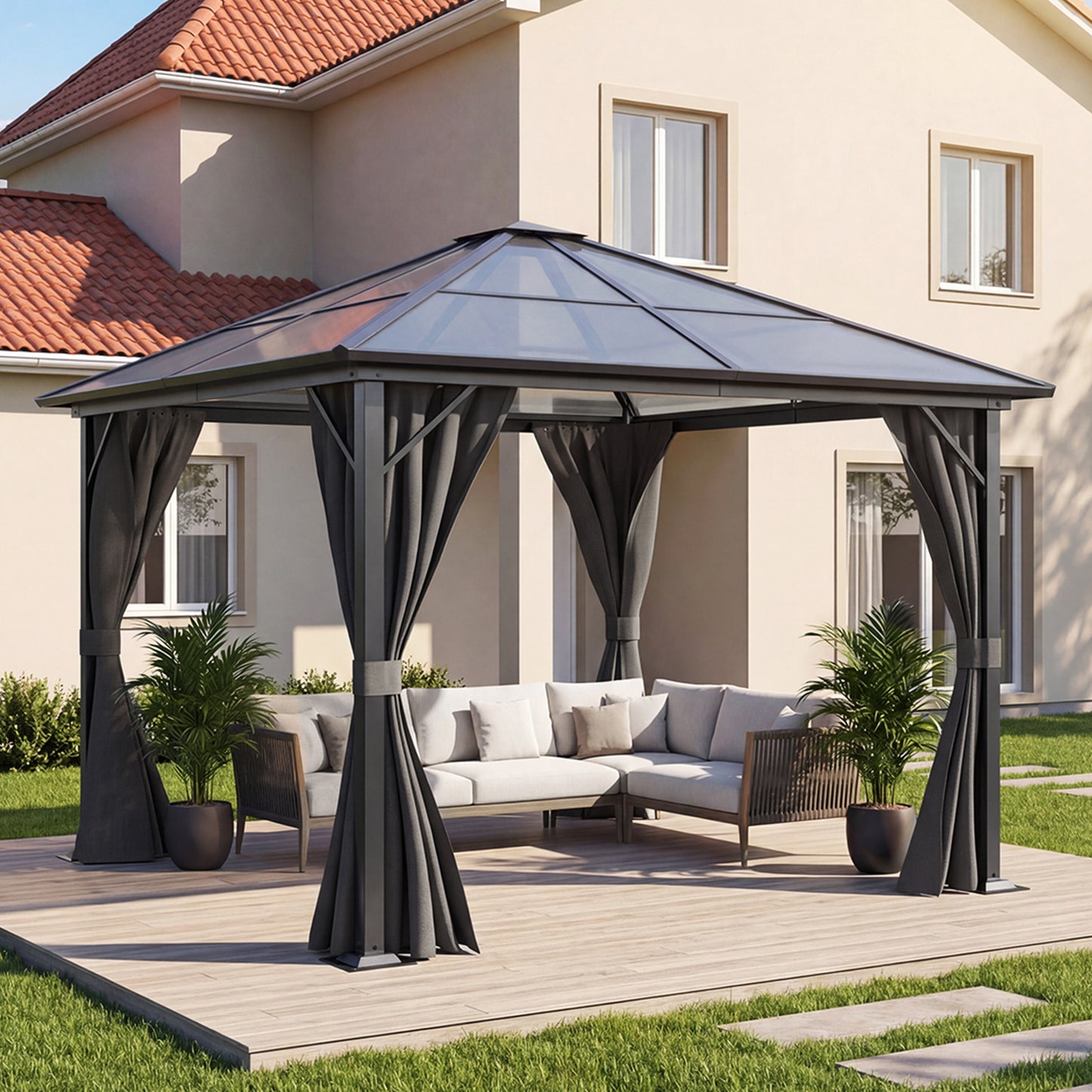 10 x 10FT Metal Frame Hardtop Patio Gazebo with Curtains