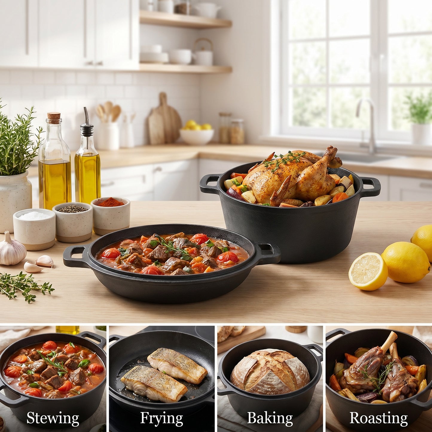 2-in-1 5L Cast Iron Dutch Oven with Reversible Lid
