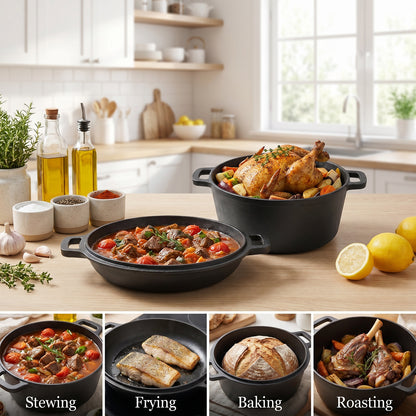 2-in-1 5L Cast Iron Dutch Oven with Reversible Lid