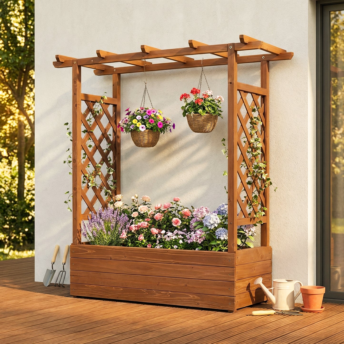 Raised Garden Bed with Side Trellis and Hanging Roof