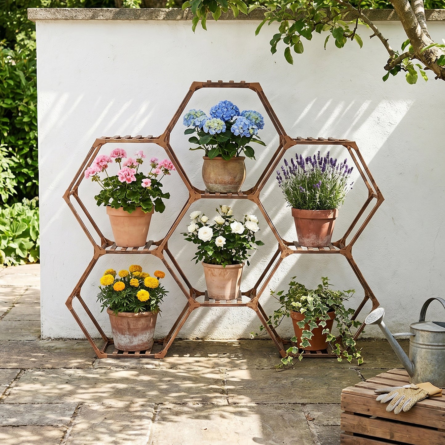9-Potted Hexagonal Eucalyptus Wood Plant Stand