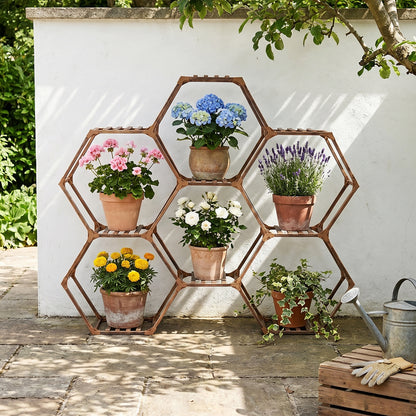 9-Potted Hexagonal Eucalyptus Wood Plant Stand