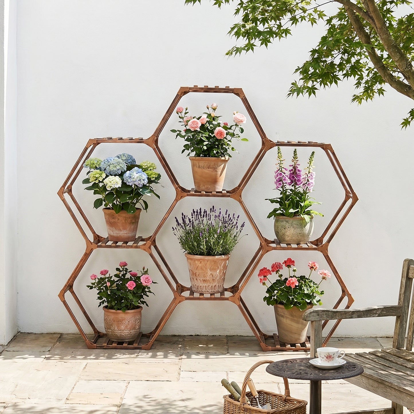 9-Potted Hexagonal Eucalyptus Wood Plant Stand
