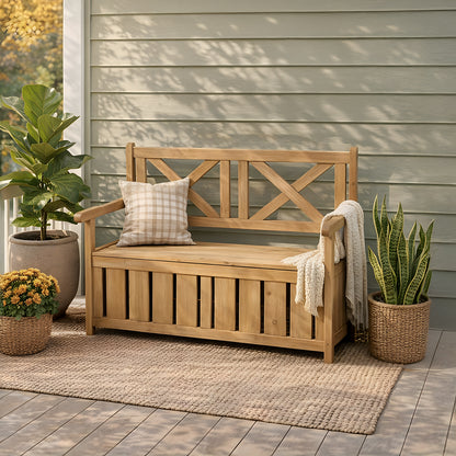 Outdoor Wooden Storage Bench with Backrest