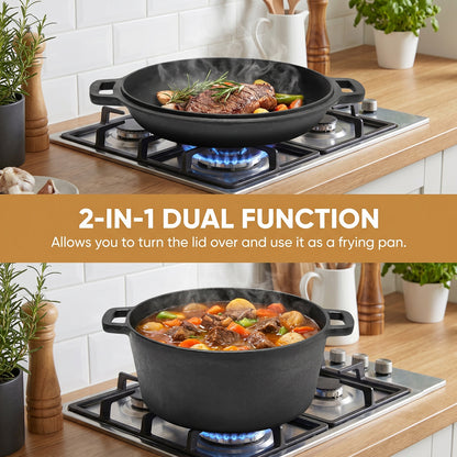 2-in-1 5L Cast Iron Dutch Oven with Reversible Lid