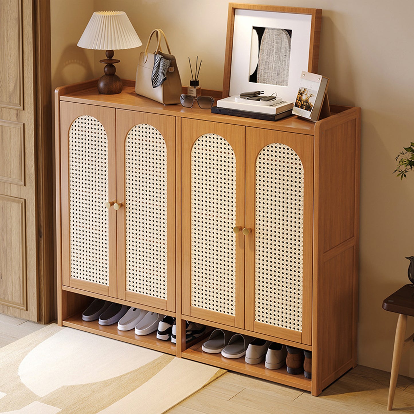 Modern Shoe Storage Cabinet with Rattan-Effect 4 Doors