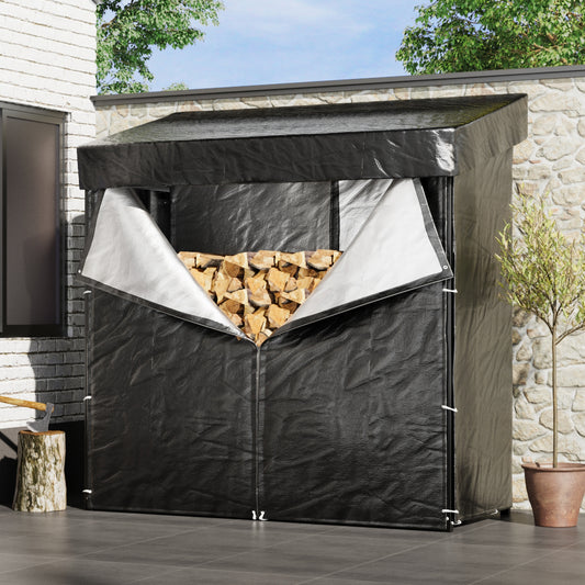 70CM Depth Metal Garden Firewood Rack Storage Shed with Roof and Cover