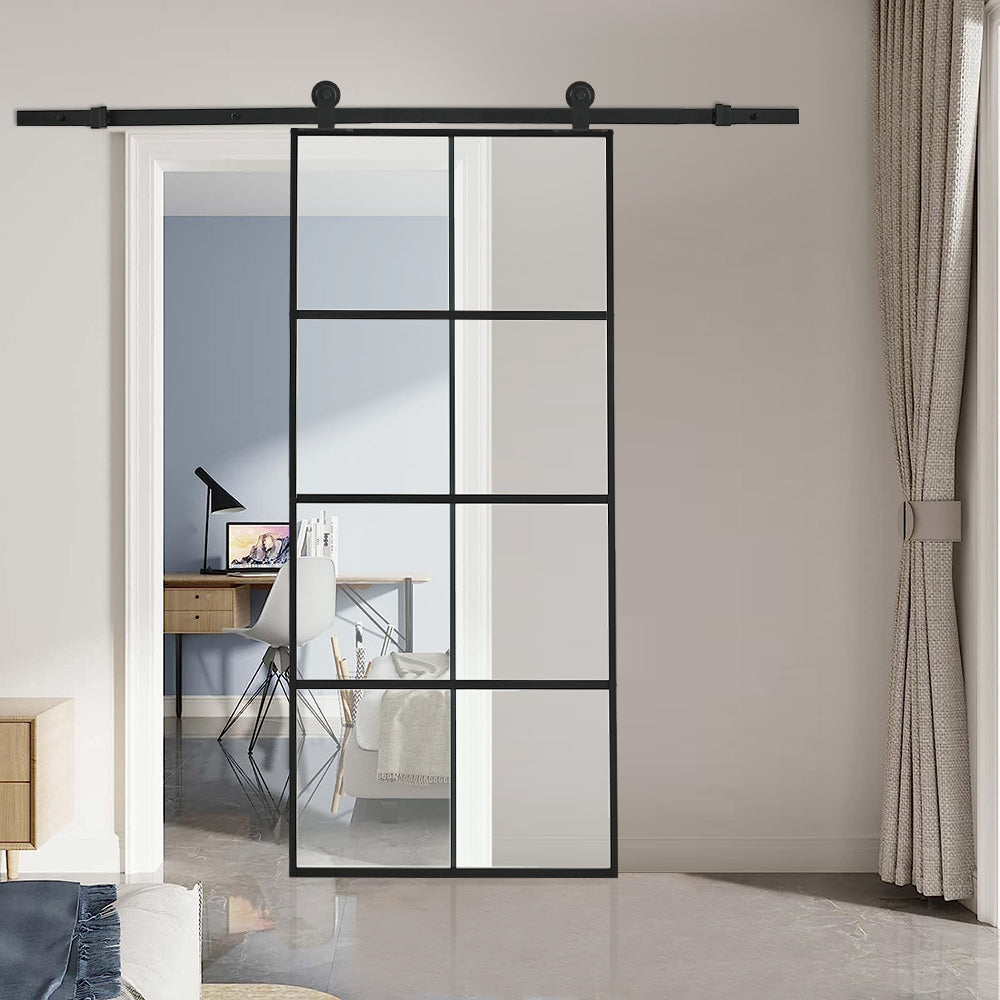 8 Lites Black Framed Transparent Glass Sliding Door without Sliding Hardware Kit