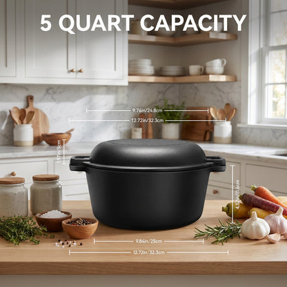 2-in-1 5L Cast Iron Dutch Oven with Reversible Lid