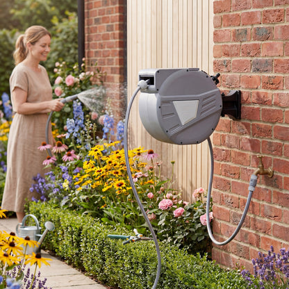 Wall Mounted Retractable Garden Hose Reel with Spray Nozzle