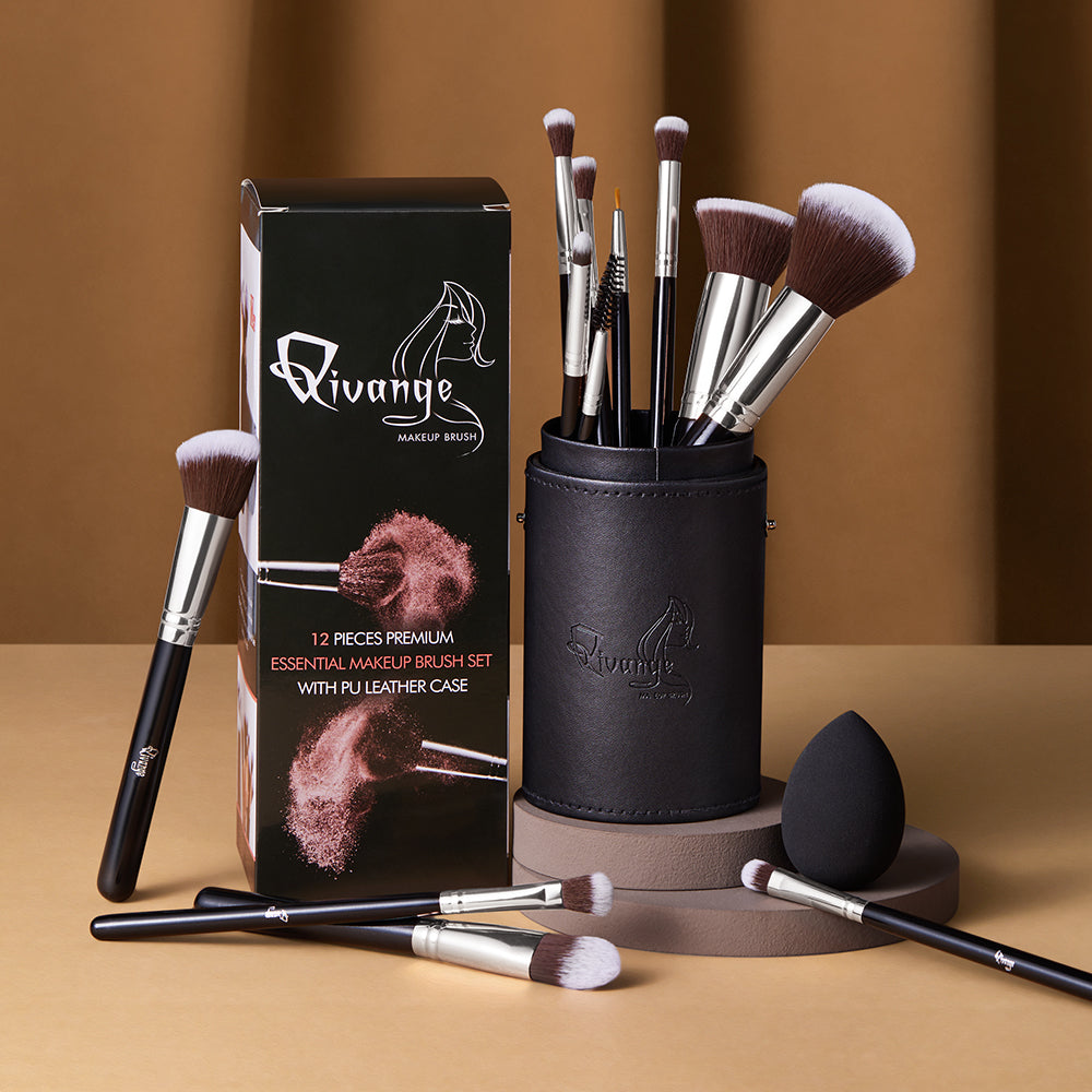 12 Pcs Travel Makeup Brush Set with Makeup Sponge and Brush Cleaner