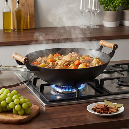 Round Cast Iron Wok with Dual Handles