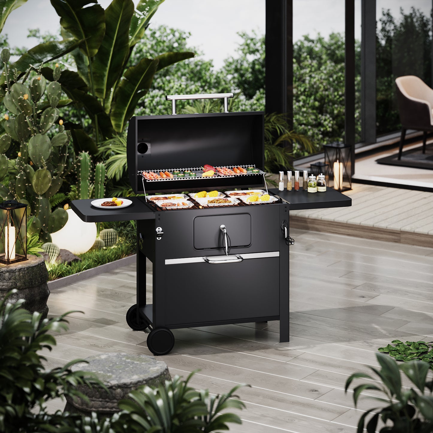 Outdoor Carbon Steel Grill with Smoke Stack
