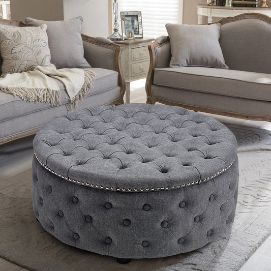 Round Linen Deep Buttoned Ottoman with Studded Edge Footstool