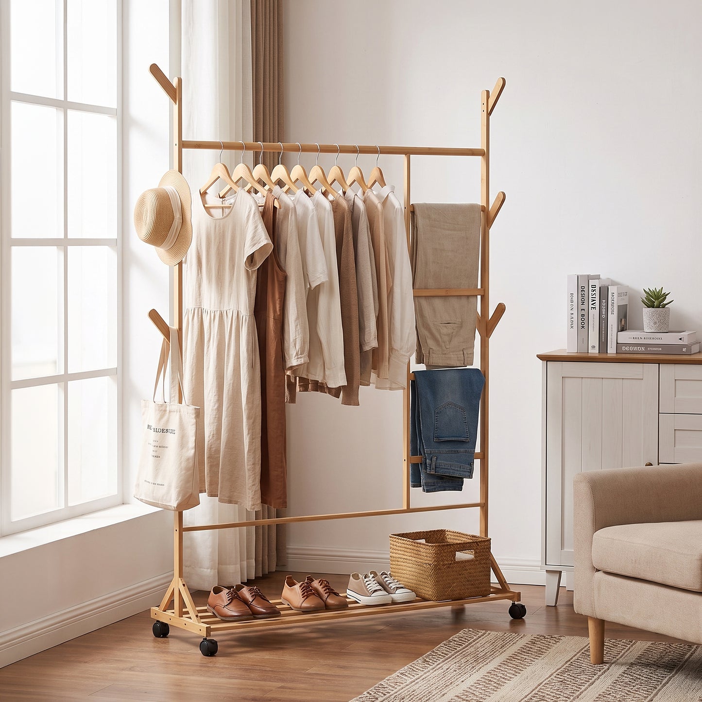 Bamboo Clothes Rack with Bottom Shelf Shoe Clothing Organizer