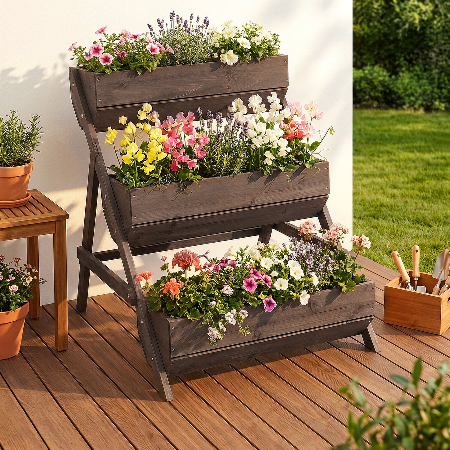 3-Tier Wooden Planter Box with Drainage Holes