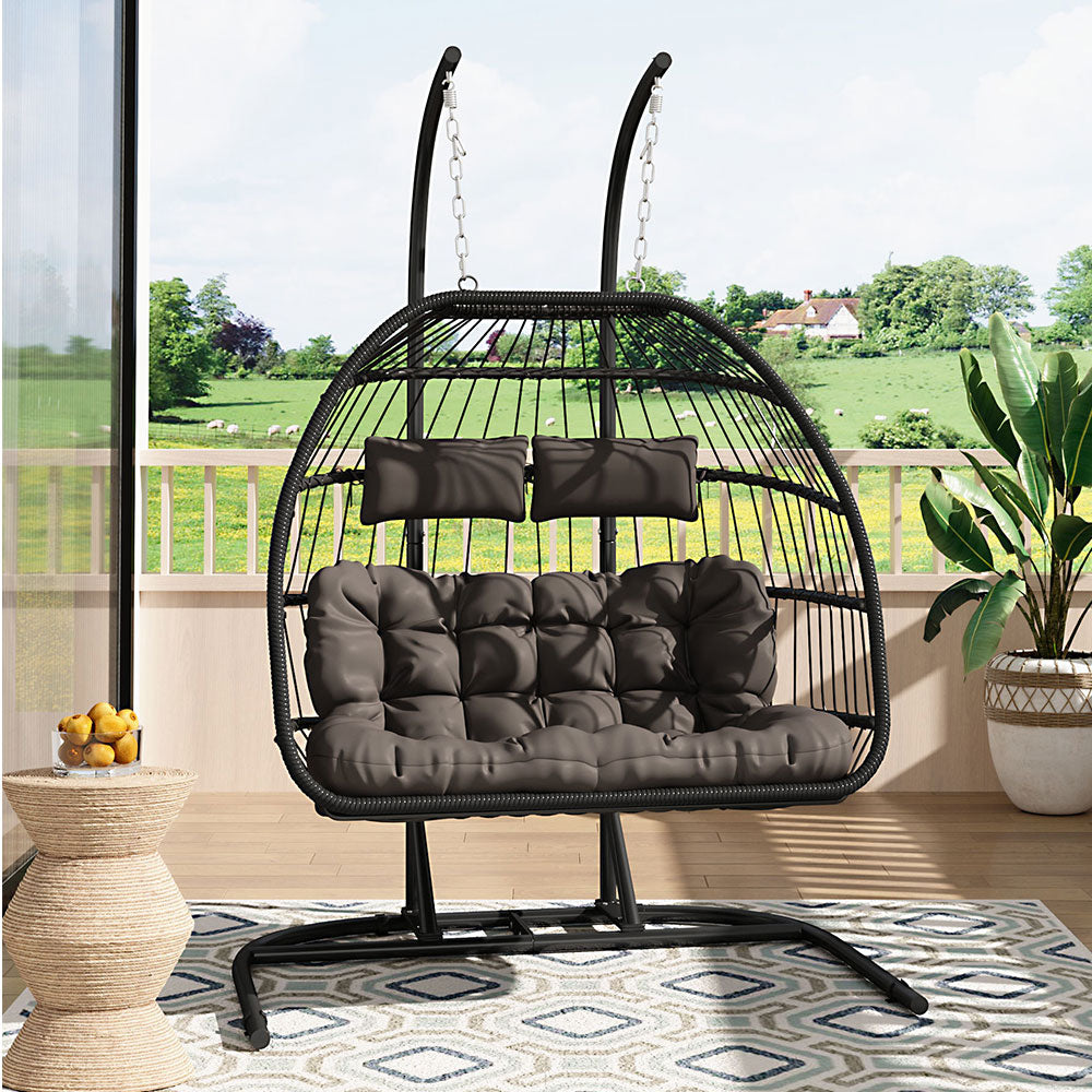 Outdoor Hanging 2-Seater Swing Chair Egg Chair with U-Shaped Stand