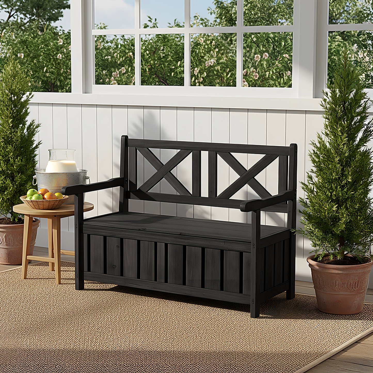Outdoor Wooden Storage Bench with Backrest