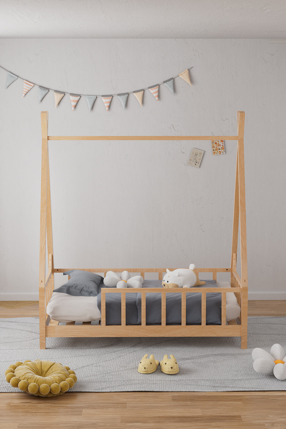 Kid’s Premium Wood House Bed Frame with Fence