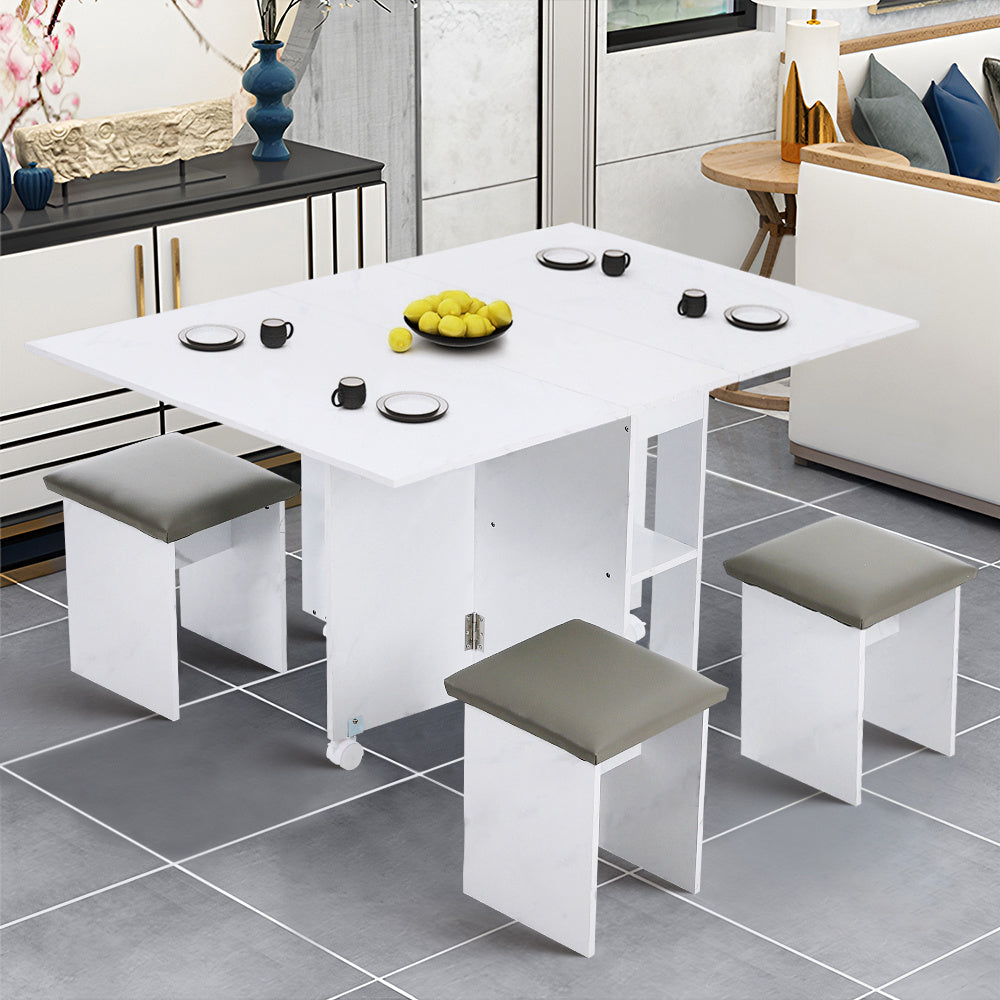 Versatile Expandable Dining Table Set, Drop-Leaf Table with Storage Shelves and Wheels