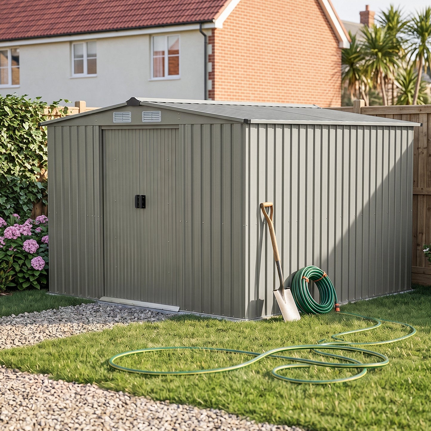 8x8FT Apex Roof Metal Garden Storage Shed with Sliding Door