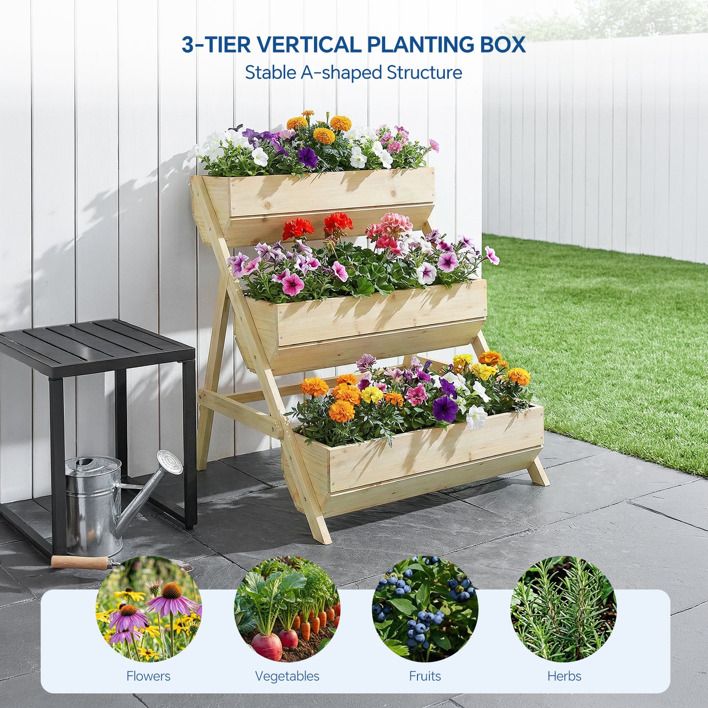 3-Tier Wooden Planter Box with Drainage Holes