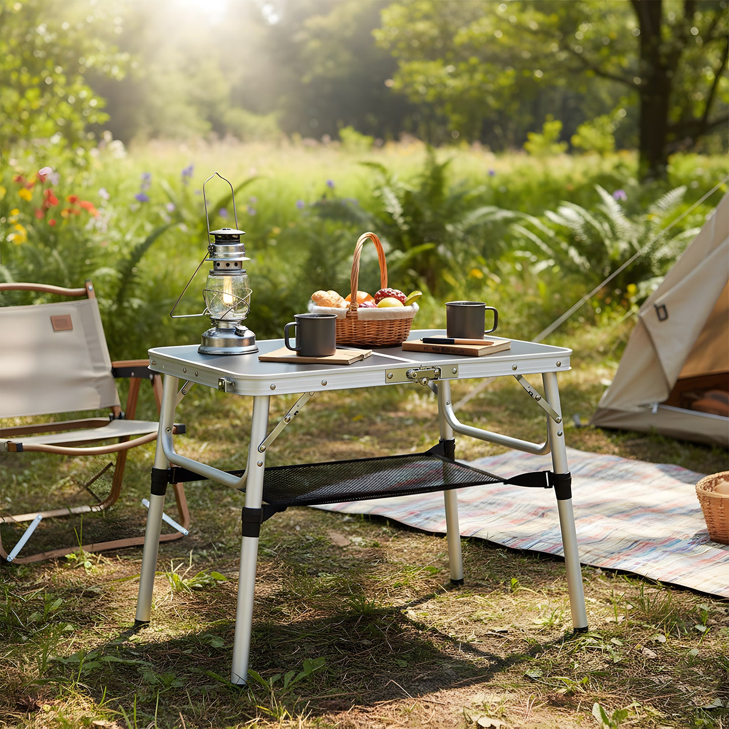 Adjustable Height Folding Camping Table with Carrying Handle