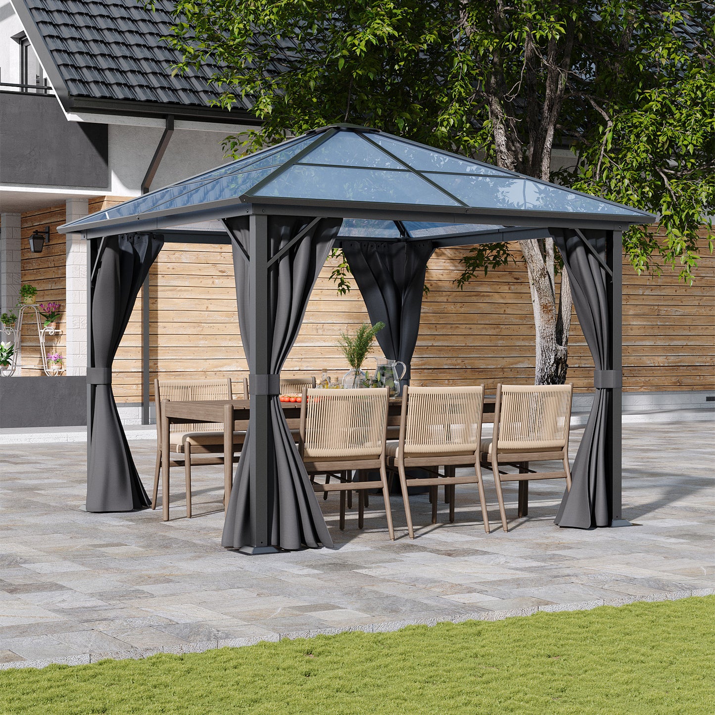 10 x 10FT Metal Frame Hardtop Patio Gazebo with Curtains