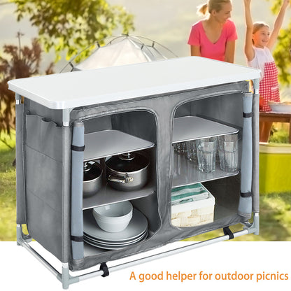 Black/Grey Portable Camping Kitchen Table Cabinet Storage