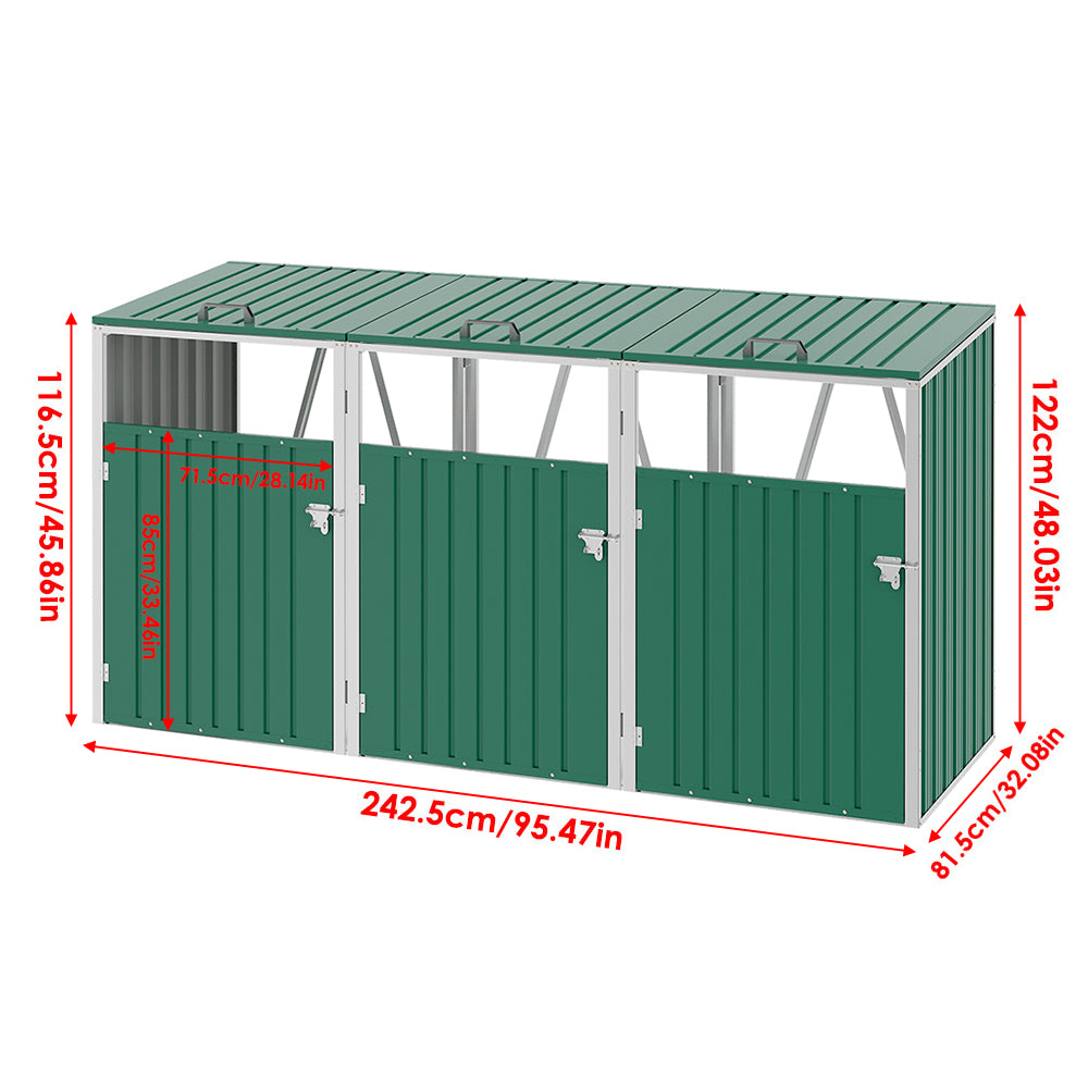 Green Metal Outdoor Garbage Bin Shed For 3 Trash Bin