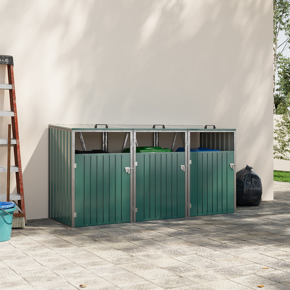 Green Metal Outdoor Garbage Bin Shed For 3 Trash Bin