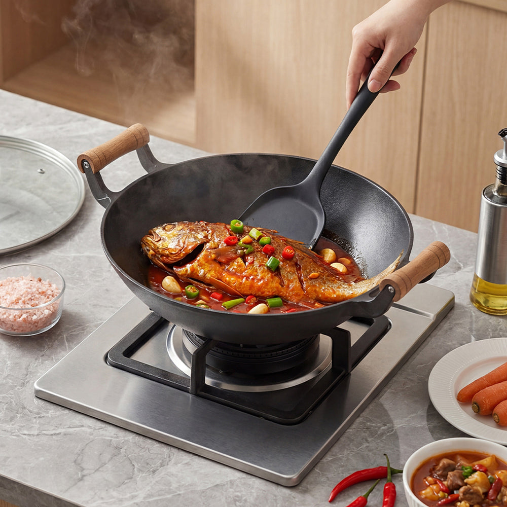 Round Cast Iron Wok with Dual Handles