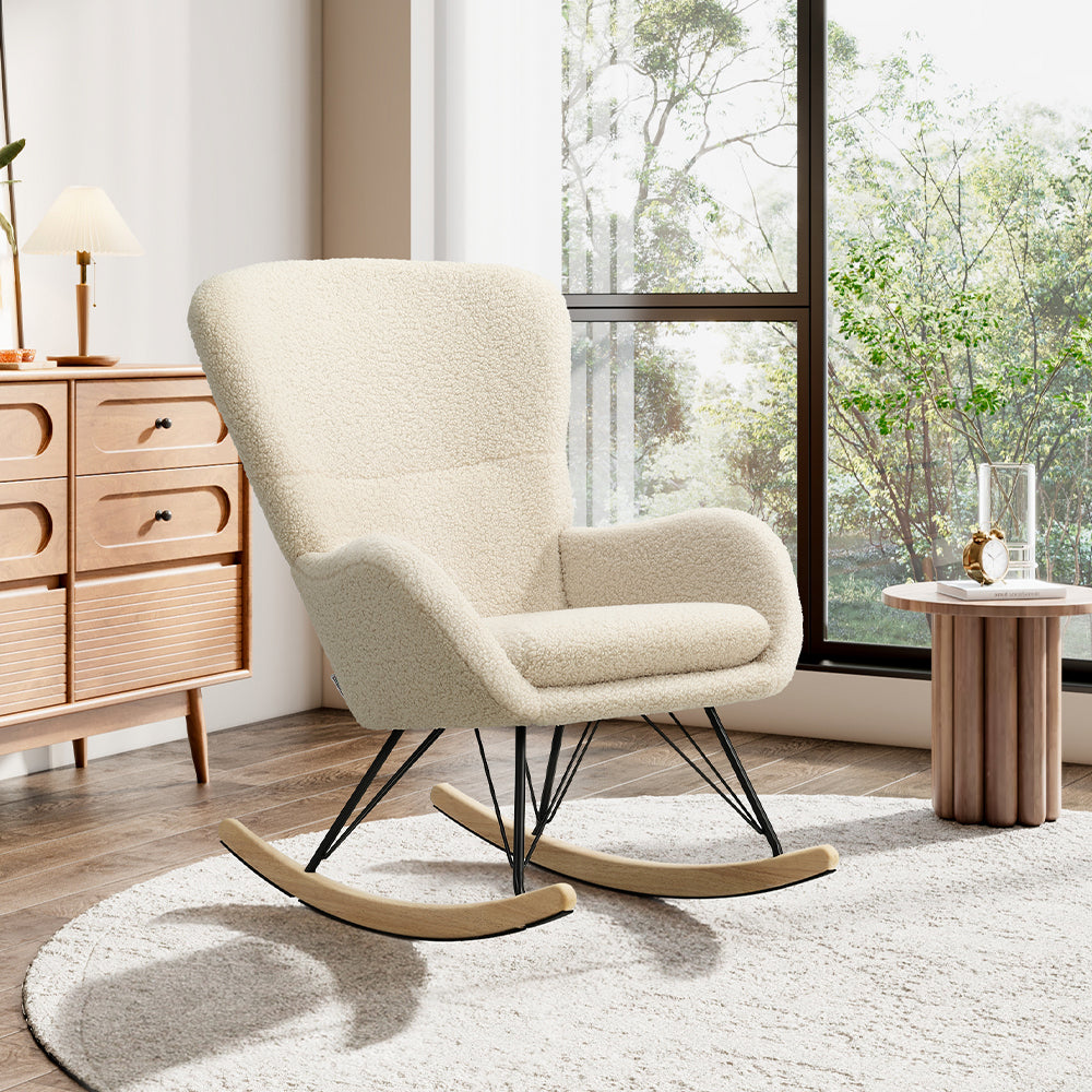 Contemporary Faux Wool Rocking Beige Chair with Removable Cushion