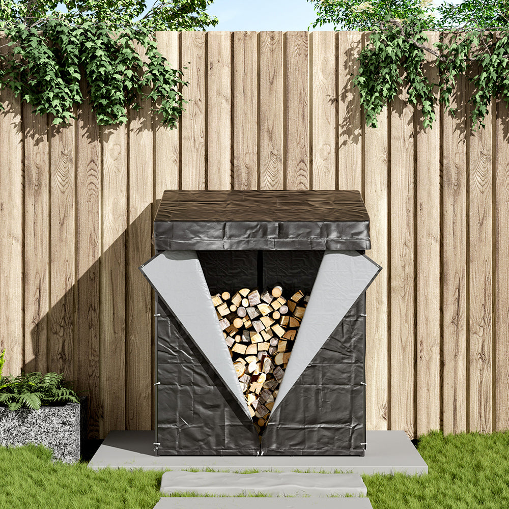 70CM Depth Metal Garden Firewood Rack Storage Shed with Roof and Cover