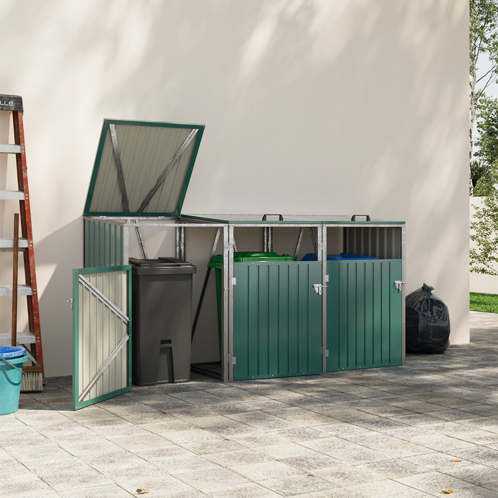 Green Metal Outdoor Garbage Bin Shed For 3 Trash Bin