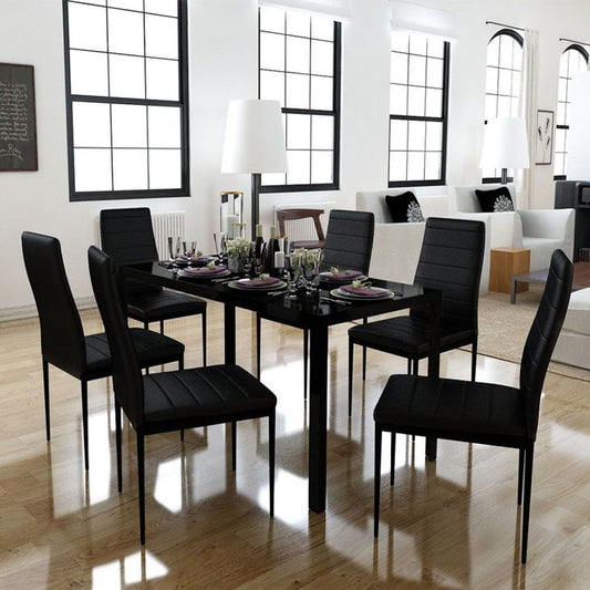 7-Piece Dining Set of Faux Leather Chairs and Tempered Glass Table